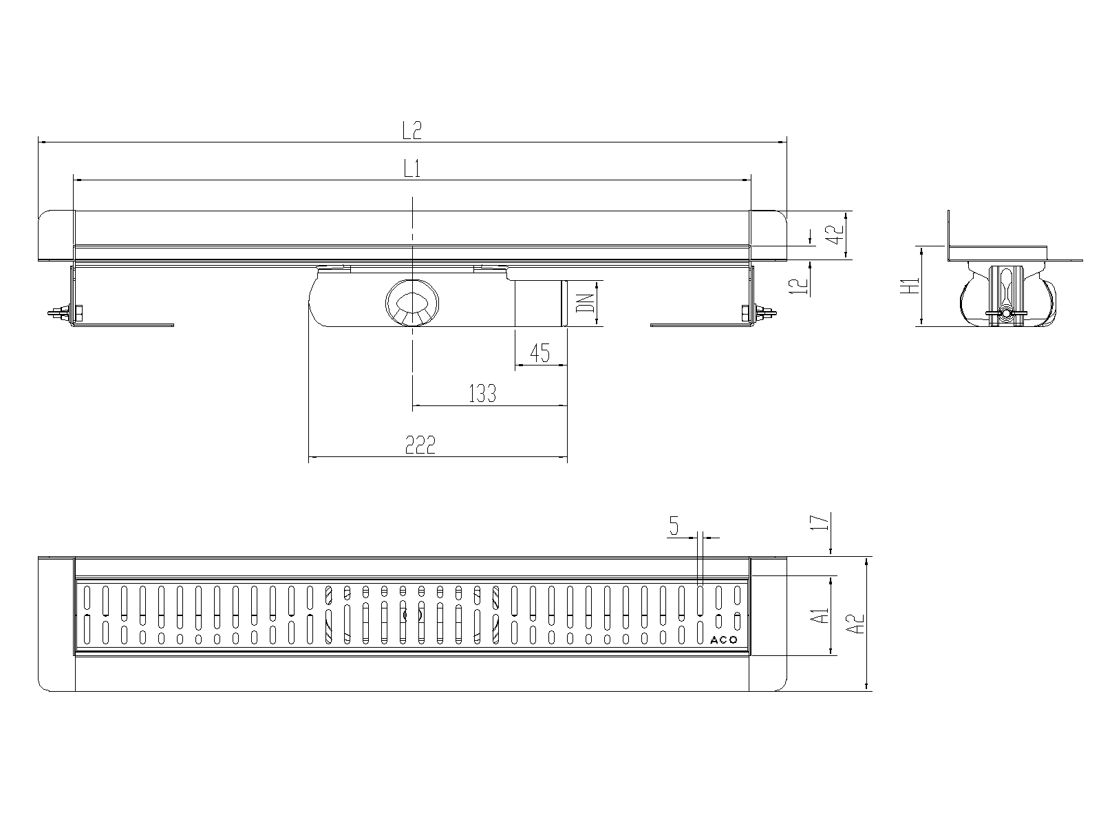 Esquema técnico canal Showerdrain -C 2.0 con marco trasero S/H lateral derecha DN50 H:69-140mm con sifon de 25mm y reja WAVE con tela CD000718 // CD000719 // CD000720 // CD000721 // CD000722 // CD000723 // CD000724