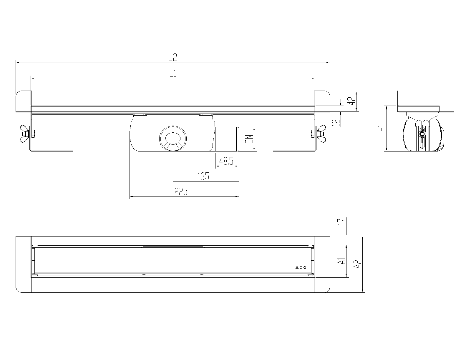 Esquema técnico canal Showerdrain -C 2.0 con marco trasero S/H lateral derecha DN50 H:92-140mm con sifon de 50mm y reja MASSIVE sin tela CD000505 // CD000506 // CD000507 // CD000508 // CD000509 // CD000510 // CD000511