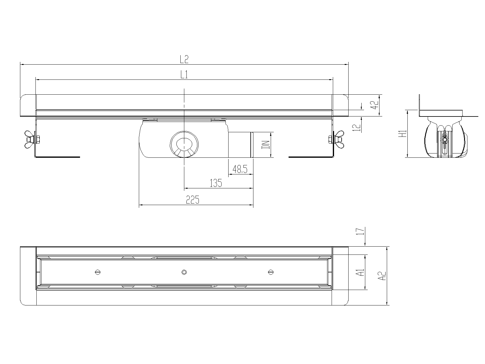 Esquema técnico canal Showerdrain -C 2.0 con marco trasero S/H lateral derecha DN50 H:92-140mm con sifon de 50mm y reja RELLENABLE sin tela CD000393 // CD000394 // CD000395 // CD000396 // CD000397 // CD000398 // CD000399