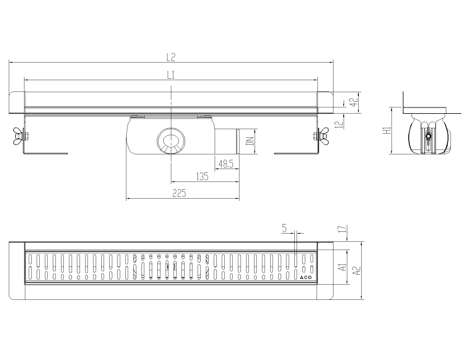 Esquema técnico canal Showerdrain -C 2.0 con marco trasero S/H lateral derecha DN50 H:92-140mm con sifon de 50mm y reja WAVE sin tela CD000057 // CD000058 // CD000059 // CD000060 // CD000061 // CD000062 // CD000063