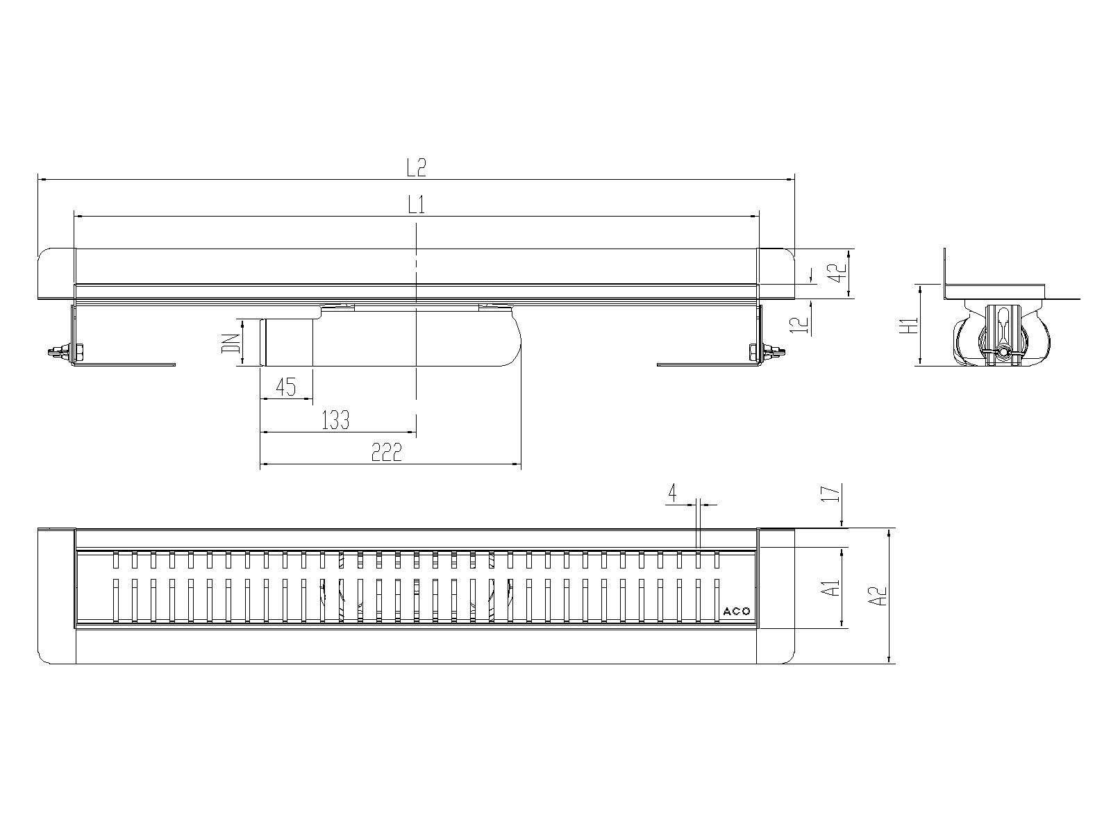 Esquema técnico canal Showerdrain -C 2.0 con marco trasero S/H lateral izquierda DN50 H:69-140mm con sifon de 25mm y reja  sin tela CD000631 // CD000632 // CD000633 // CD000634 // CD000635 // CD000636 // CD000637