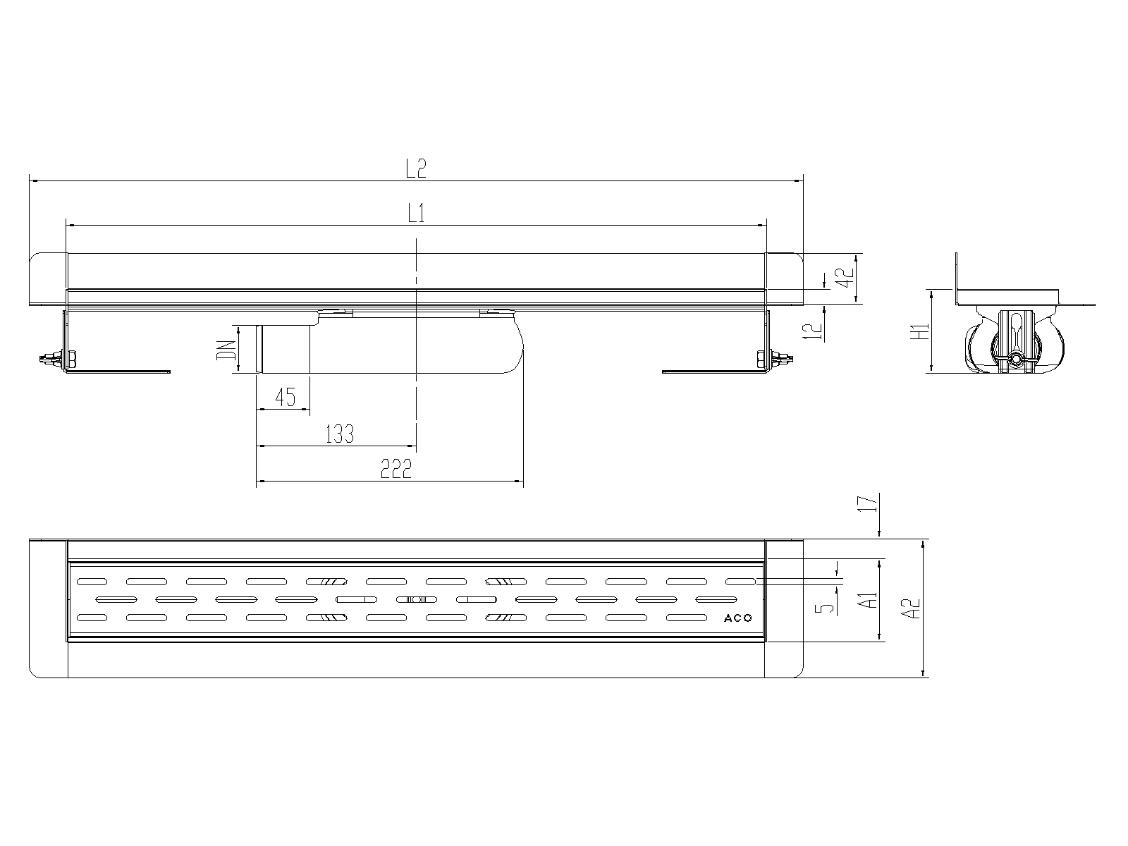 Esquema técnico canal Showerdrain -C 2.0 con marco trasero S/H lateral izquierda DN50 H:69-140mm con sifon de 25mm y reja SLOT sin tela CD000295 // CD000296 // CD000297 // CD000298 // CD000299 // CD000300 // CD000301