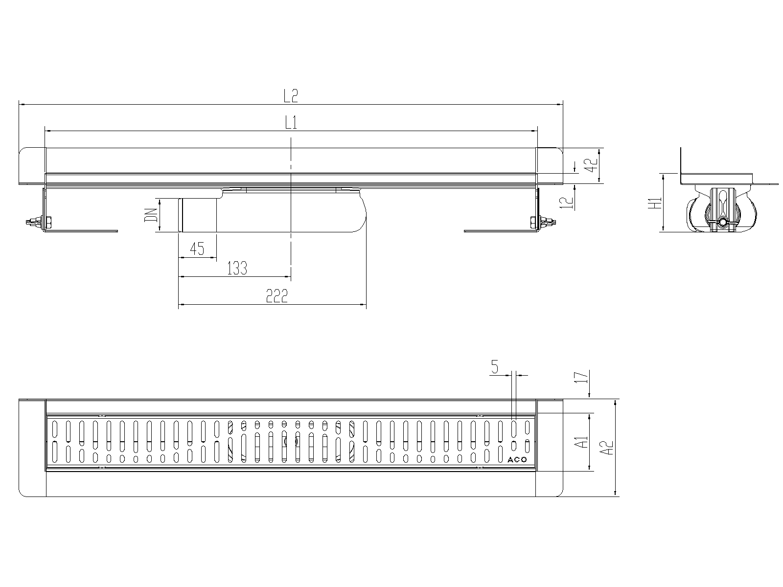 Esquema técnico canal Showerdrain -C 2.0 con marco trasero S/H lateral izquierda DN50 H:69-140mm con sifon de 25mm y reja WAVE sin tela CD000071 // CD000072 // CD000073 // CD000074 // CD000075 // CD000076 // CD000077