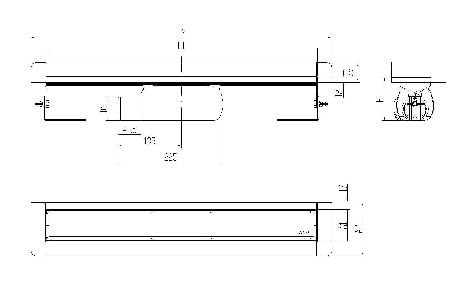 Esquema técnico canal Showerdrain -C 2.0 con marco trasero S/H lateral izquierda DN50 H:92-140mm con sifon de 50mm y reja MASSIVE sin tela CD000498 // CD000499 // CD000500 // CD000501 // CD000502 // CD000503 // CD000504