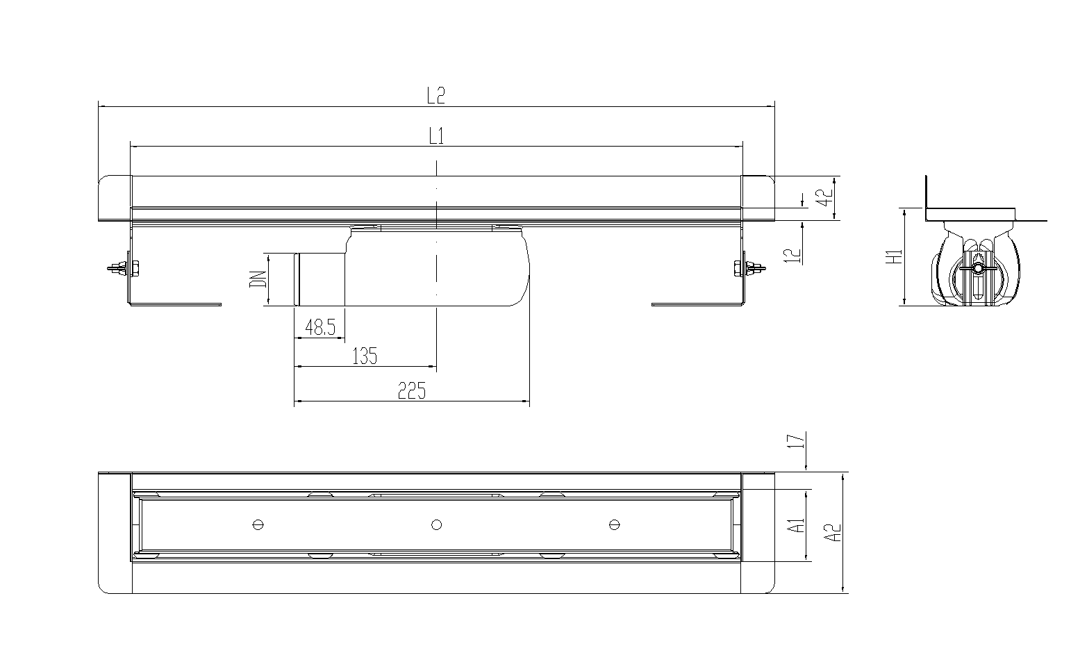 Esquema técnico canal Showerdrain -C 2.0 con marco trasero S/H lateral izquierda DN50 H:92-140mm con sifon de 50mm y reja RELLENABLE sin tela CD000386 // CD000387 // CD000388 // CD000389 // CD000390 // CD000391 // CD000392