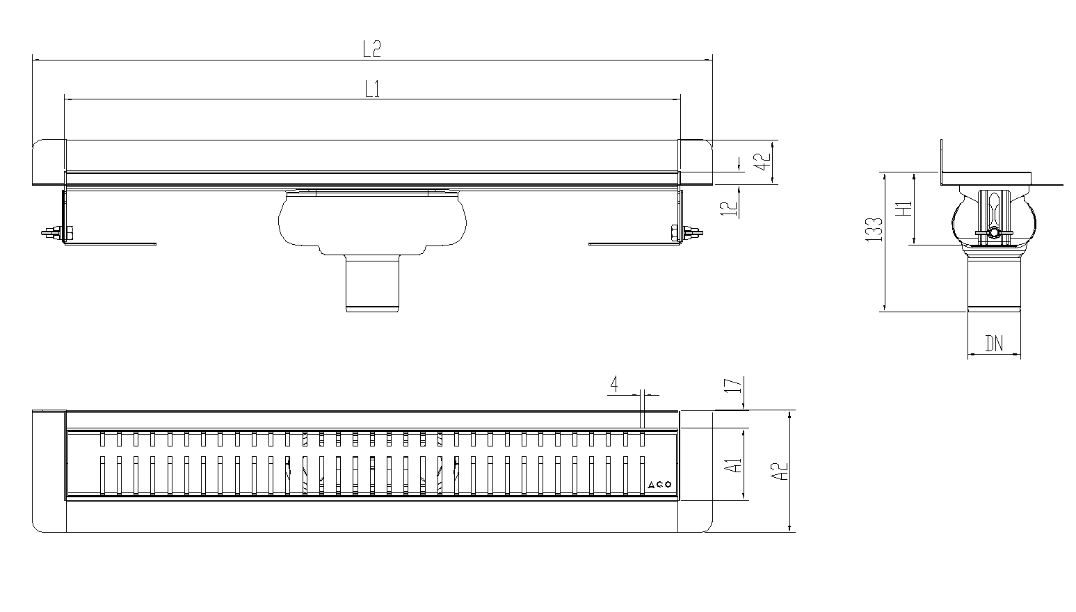 Esquema técnico canal Showerdrain -C 2.0 con marco trasero S/V DN50 H:69-140mm con sifon de 25mm y reja PIANO sin tela CD000652 // CD000653 // CD000654 // CD000655 // CD000656 // CD000657 // CD000658