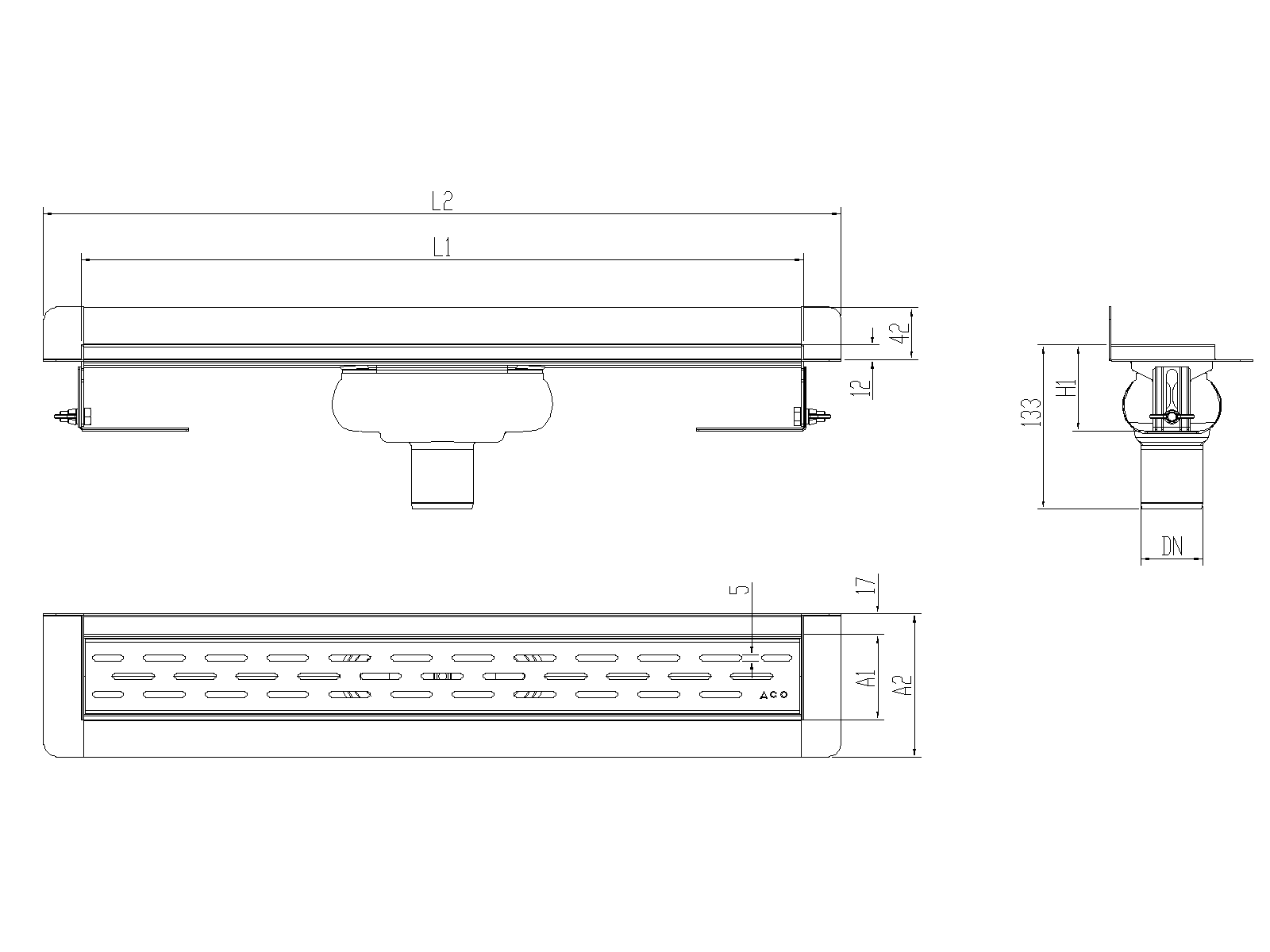 Esquema técnico canal Showerdrain -C 2.0 con marco trasero S/V DN50 H:69-140mm con sifon de 25mm y reja SLOT sin tela CD000316 // CD000317 // CD000318 // CD000319 // CD000320 // CD000321 // CD000322