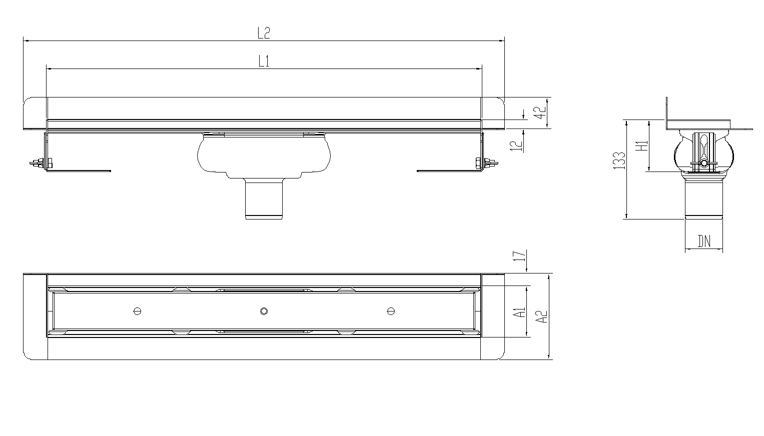 Esquema técnico canal Showerdrain -C 2.0 con marco trasero S/V DN50 H:69-140mm con sifon de 25mm y reja RELLENABLE sin tela CD000428 // CD000429 // CD000430 // CD000431 // CD000432 // CD000433 // CD000434