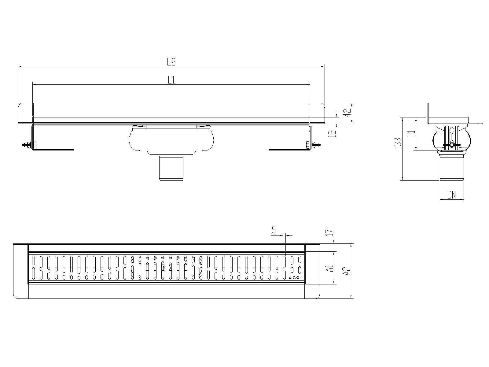 Esquema técnico canal Showerdrain -C 2.0 con marco trasero S/V DN50 H:69-140mm con sifon de 25mm y reja WAVE sin tela CD000092 // CD000093 // CD000094 // CD000095 // CD000096 // CD000097 // CD000098