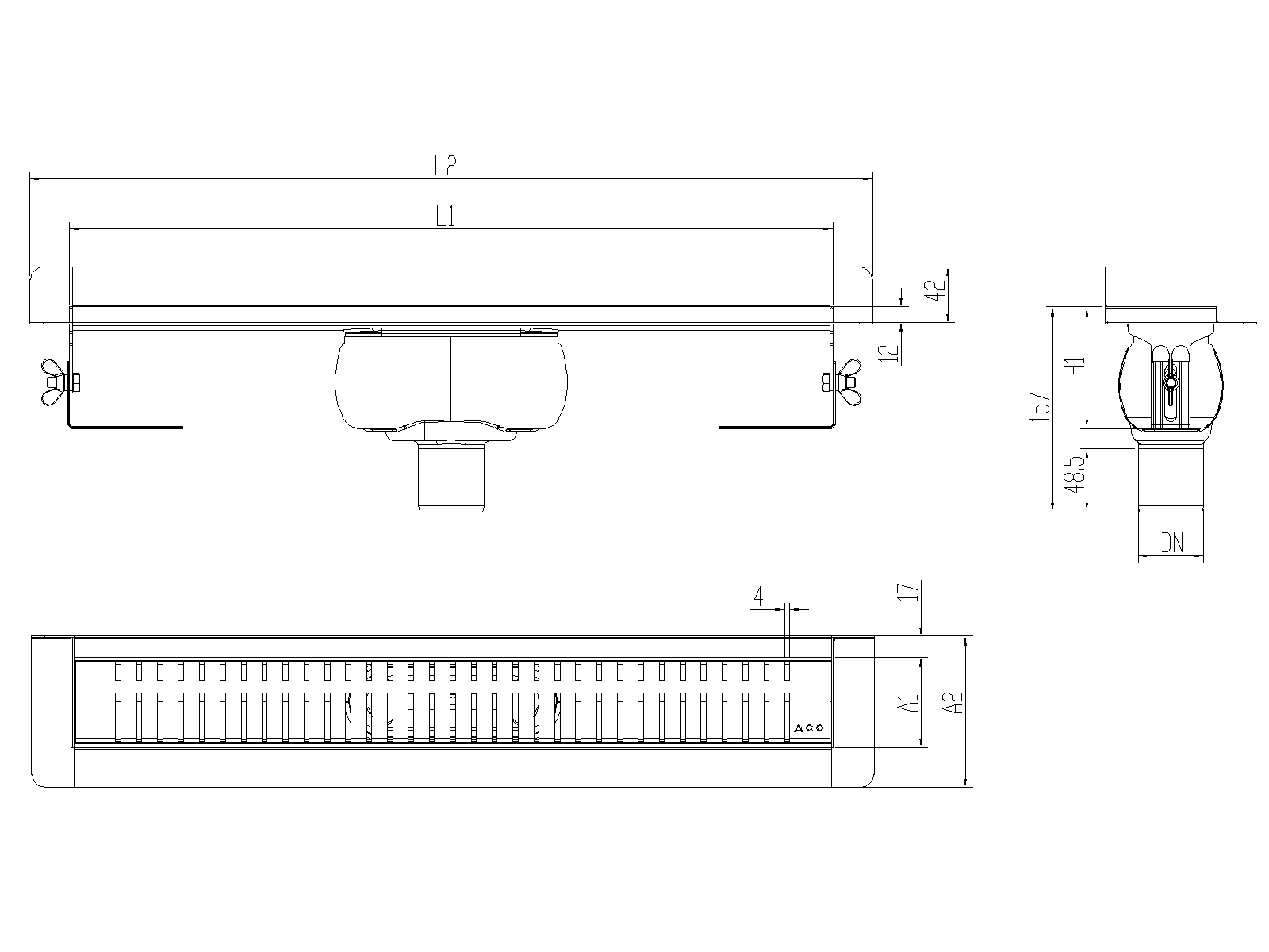 Esquema técnico canal Showerdrain -C 2.0 con marco trasero S/V DN50 H:92-140mm con sifon de 50mm y reja PIANO sin tela CD000645 // CD000646 // CD000647 // CD000648 // CD000649 // CD000650 // CD000651