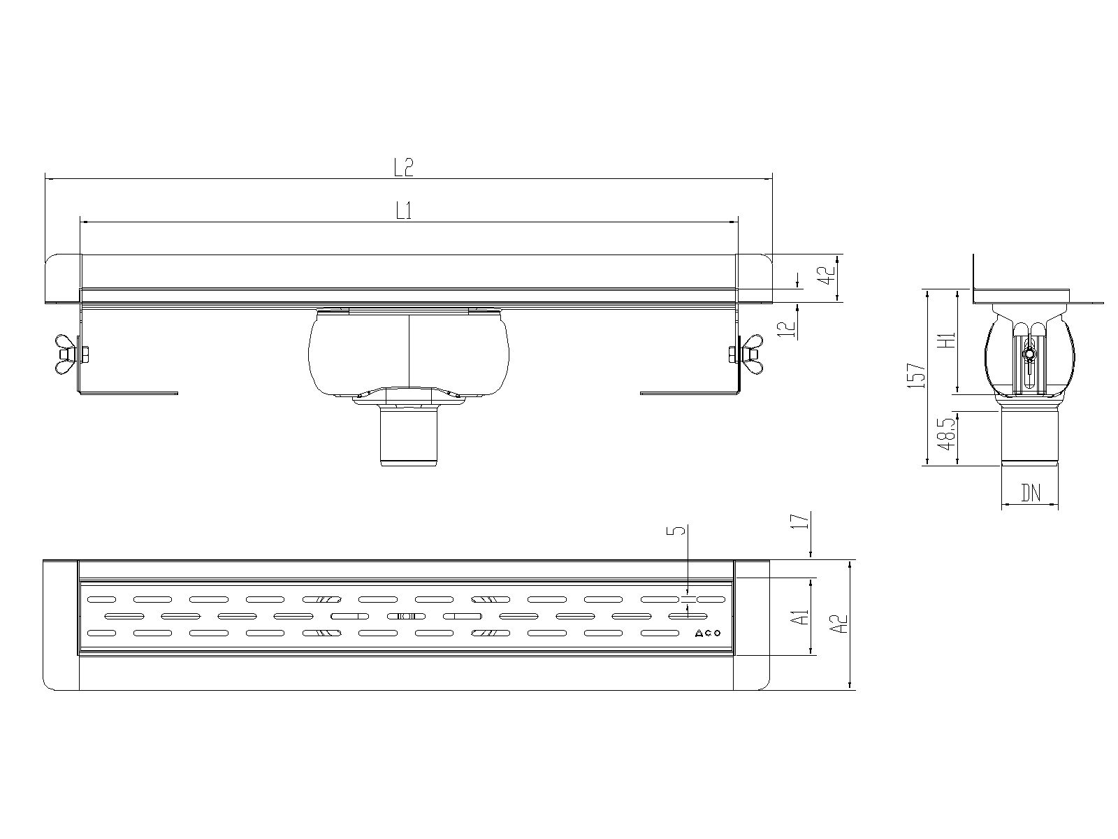 Esquema técnico canal Showerdrain -C 2.0 con marco trasero S/V DN50 H:92-140mm con sifon de 50mm y reja SLOT sin tela CD000309 // CD000310 // CD000311 // CD000312 // CD000313 // CD000314 // CD000315