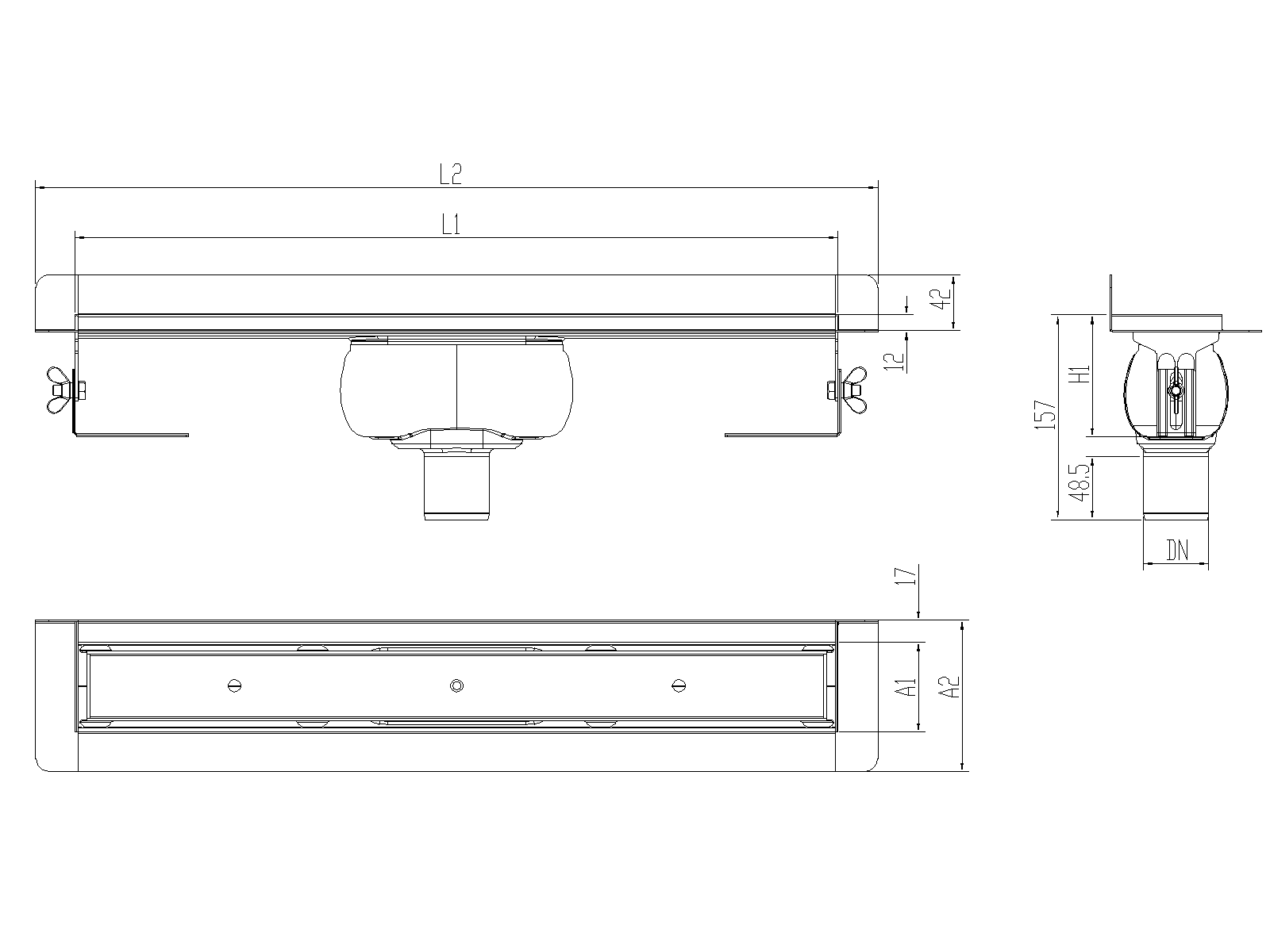 Esquema técnico canal Showerdrain -C 2.0 con marco trasero S/V DN50 H:92-140mm con sifon de 50mm y reja RELLENABLE sin tela CD000421 // CD000422 // CD000423 // CD000424 // CD000425 // CD000426 // CD000427