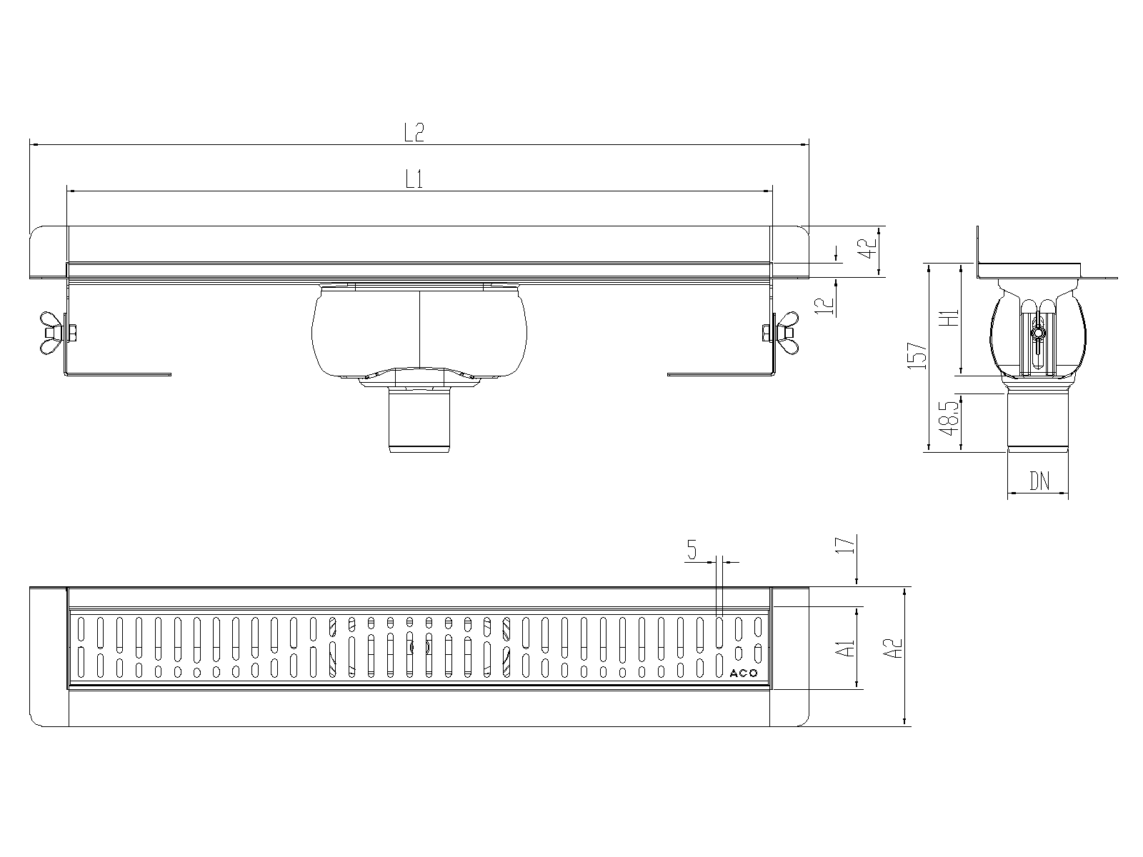 Esquema técnico canal Showerdrain -C 2.0 con marco trasero S/V DN50 H:92-140mm con sifon de 50mm y reja WAVE sin tela CD000085 // CD000086 // CD000087 // CD000088 // CD000089 // CD000090 // CD000091