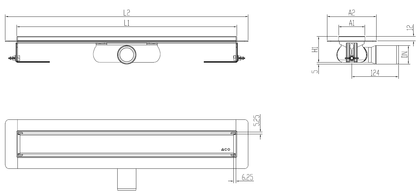 Esquema técnico canal Showerdrain -C 2.0 con alas S/H DN50 H:92-140mm con sifon de 50mm y reja MASSIVE sin tela CD000449 // CD000450 // CD000451 // CD000452 // CD000453 // CD000454 // CD000455