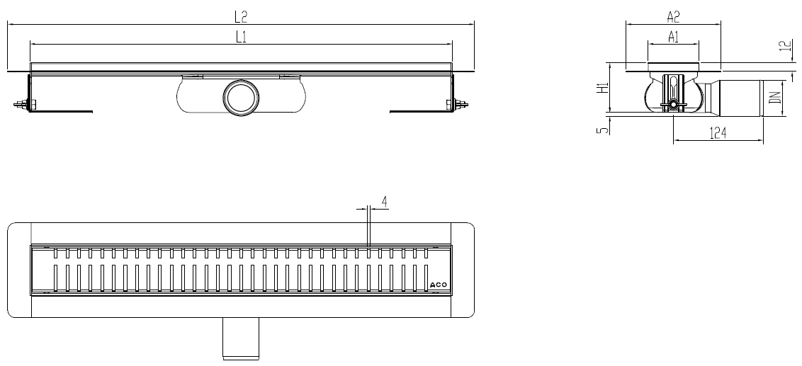 Esquema técnico canal Showerdrain -C 2.0 con alas S/H DN50 H:92-140mm con sifon de 50mm y reja PIANO sin tela CD000561 // CD000562 // CD000563 // CD000564 // CD000565 // CD000566 // CD000567