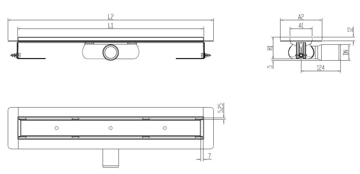 Esquema técnico canal Showerdrain -C 2.0 con alas S/H DN50 H:69-140mm con reja rellenable sin tela CD000351 // CD000352 // CD000353 // CD000354 // CD000355 // CD000356 // CD000357