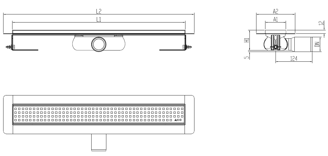 Esquema técnico canal Showerdrain -C 2.0 con alas S/H DN50 H:69-140mm con reja square sin tela CD000127 // CD000128 // CD000129 // CD000130 // CD000131 // CD000132 // CD000133