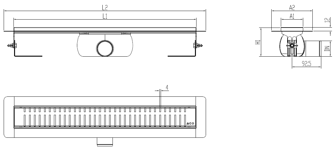 Esquema técnico canal Showerdrain -C 2.0 con alas S/H DN50 H:92-140mm con sifon de 50mm y reja PIANO sin tela CD000561 // CD000562 // CD000563 // CD000564 // CD000565 // CD000566 // CD000567