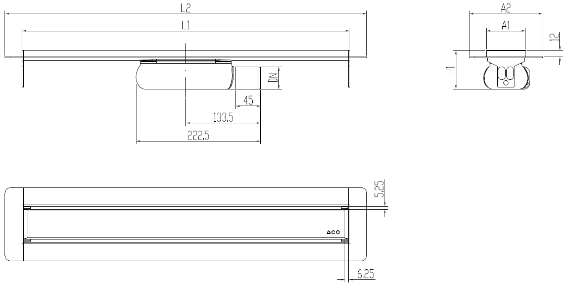 Esquema técnico canal Showerdrain -C 2.0 con alas S/H lateral DN50 H:69-140mm con sifon de 25mm y reja MASSIVE sin tela CD000470 // CD000471 // CD000472 // CD000473 // CD000474 // CD000475 // CD000476