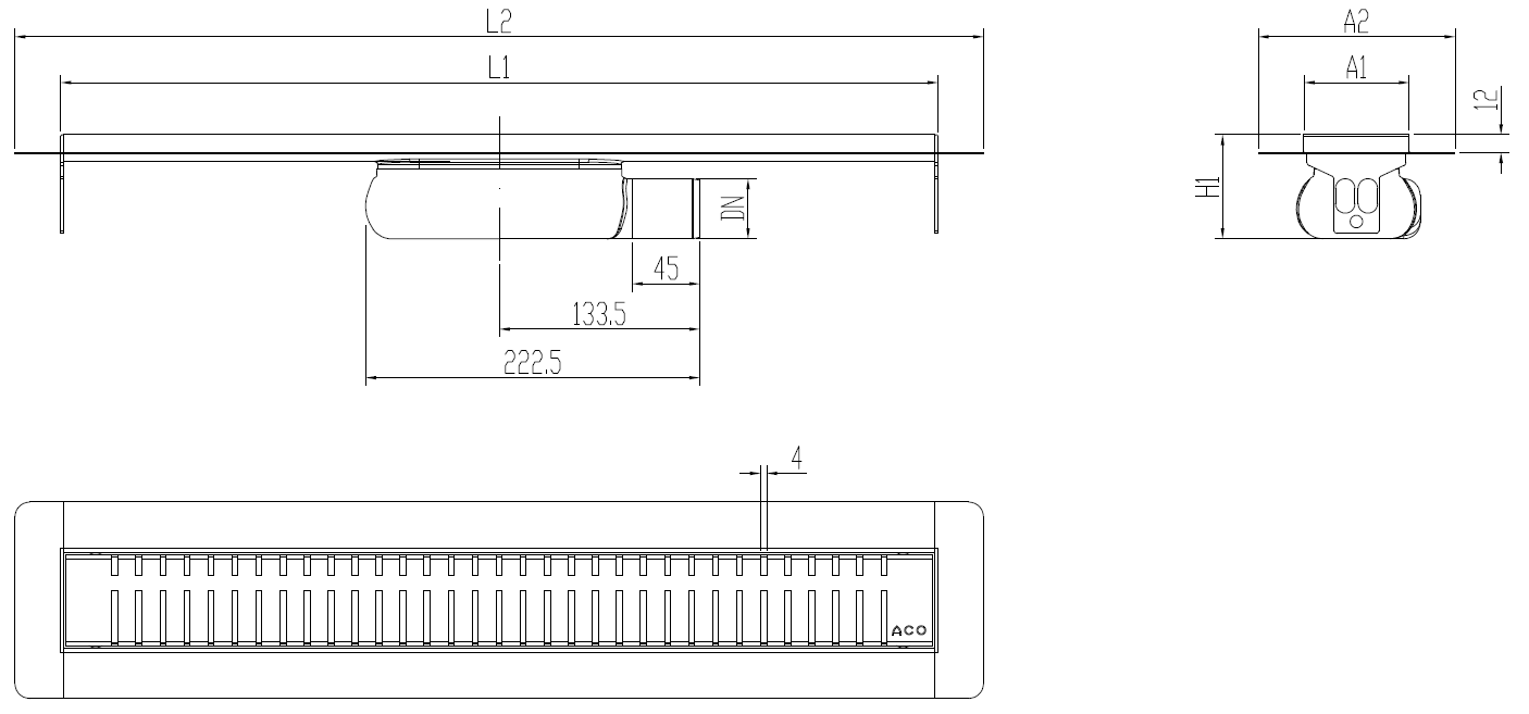 Esquema técnico canal Showerdrain -C 2.0 con alas S/H lateral DN50 H:69-140mm con sifon de 25mm y reja PIANO sin tela CD000582 // CD000583 // CD000584 // CD000585 // CD000586 // CD000587 // CD000588