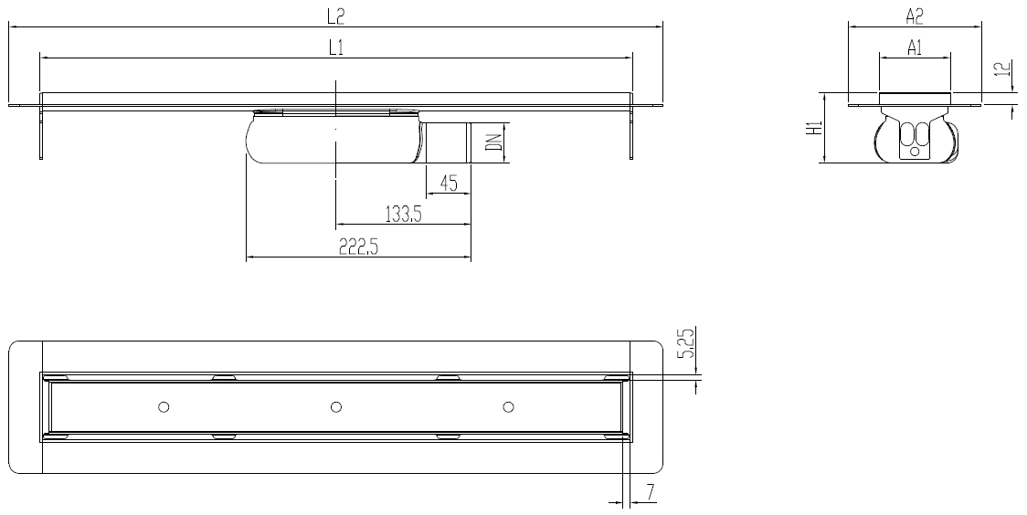 Esquema técnico canal Showerdrain -C 2.0 con alas S/H lateral DN50 H:69-140mm con sifon de 25mm y reja RELLENABLE sin tela CD000358 // CD000359 // CD000360 // CD000361 // CD000362 // CD000363 // CD000364