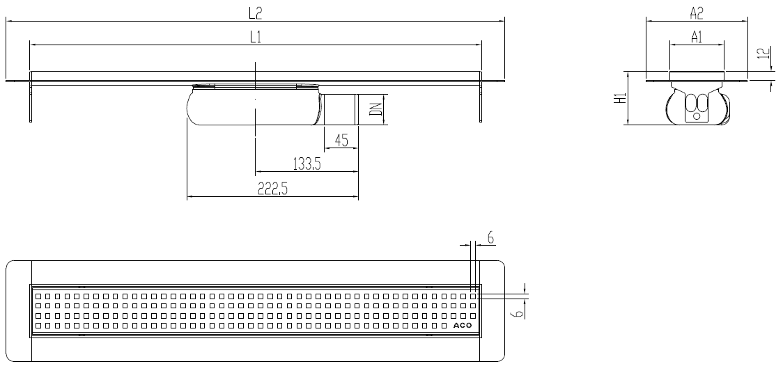 Esquema técnico canal Showerdrain -C 2.0 con alas S/H lateral DN50 H:69-140mm con sifon de 25mm y reja  sin tela CD000134 // CD000135 // CD000136 // CD000137 // CD000138 // CD000139 // CD000140