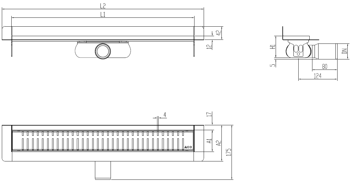 Esquema técnico canal Showerdrain -C 2.0 con marco trasero S/H DN50 H:69-140mm con sifon de 25mm y reja PIANO sin tela CD000624 // CD000625 // CD000626 // CD000627 // CD000628 // CD000629 // CD000630