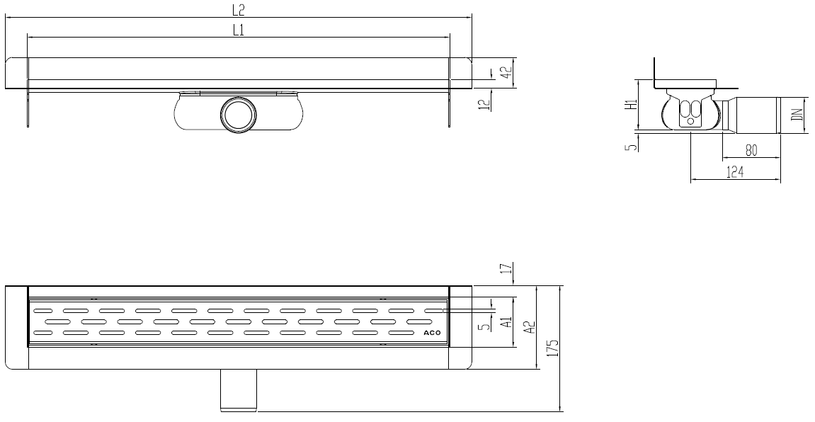 Esquema técnico canal Showerdrain -C 2.0 con marco trasero S/H DN50 H:69-140mm con sifon de 25mm y reja SLOT sin tela CD000288 // CD000289 // CD000290 // CD000291 // CD000292 // CD000293 // CD000294