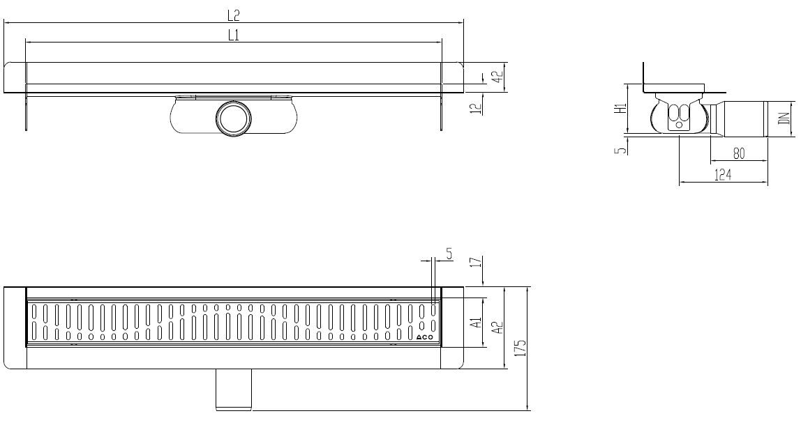 Esquema técnico canal Showerdrain -C 2.0 con marco trasero S/H DN50 H:69-140mm con sifon de 25mm y reja WAVE sin tela CD000064 // CD000065 // CD000066 // CD000067 // CD000068 // CD000069 // CD000070