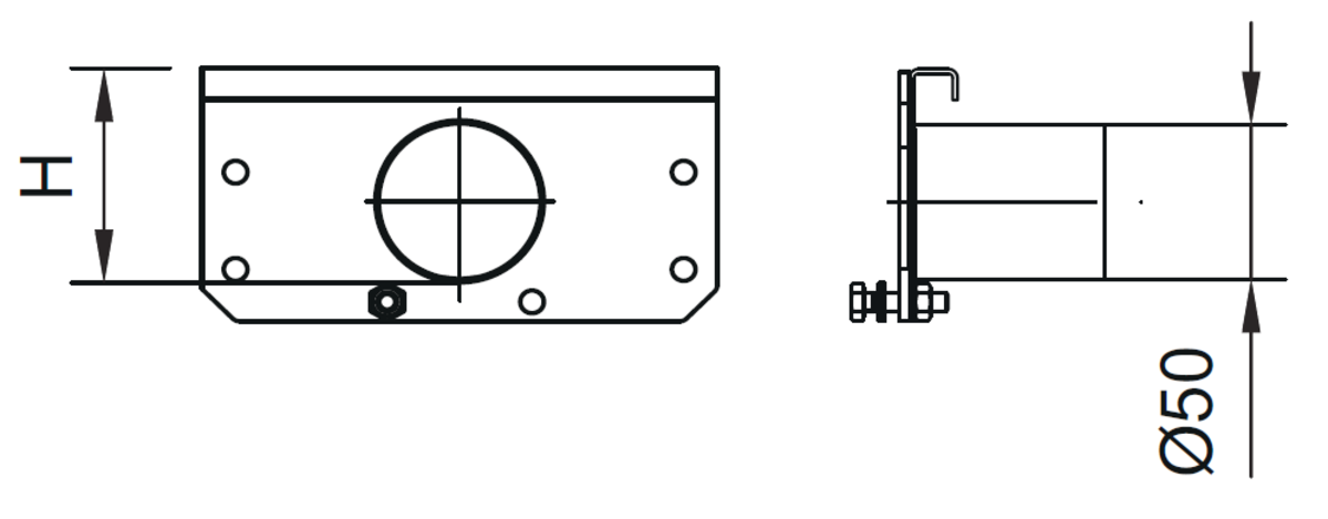 Esquema técnico general da tampa inicio/final com união pata tubagem DN/OD 50 para o canal MODULAR 125 em aço inoxidable.