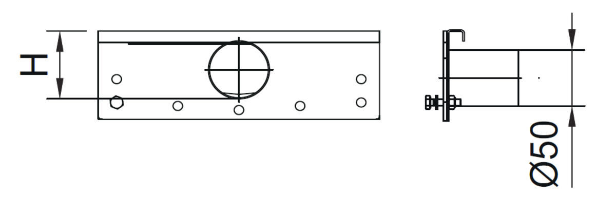 Esquema técnico general de la tapa inicio/final con manguito DN/OD 50 para el canal MODULAR 200 en acero inoxidable.