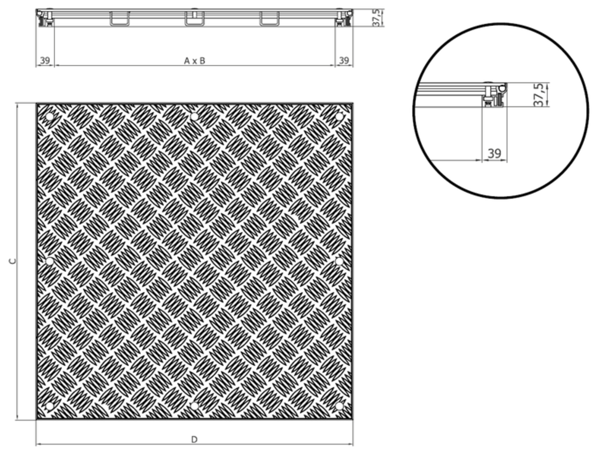 Esquema técnico general de la tapa TOPTEK antideslizante no asistida, fabricada en aluminio.