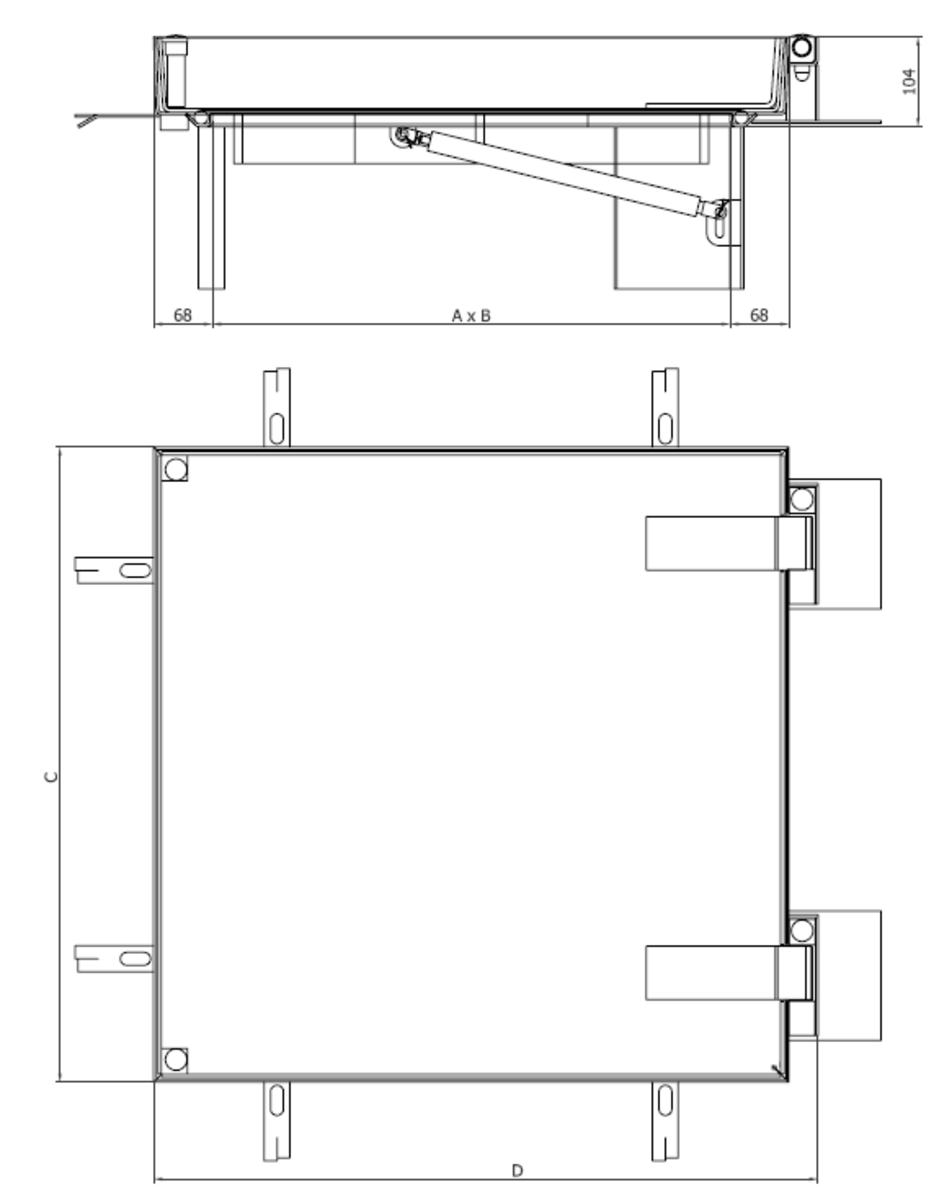 Esquema técinco genérico das tampas TOPTEK URBAN asisstidas, realizadas em aço galvanizado.