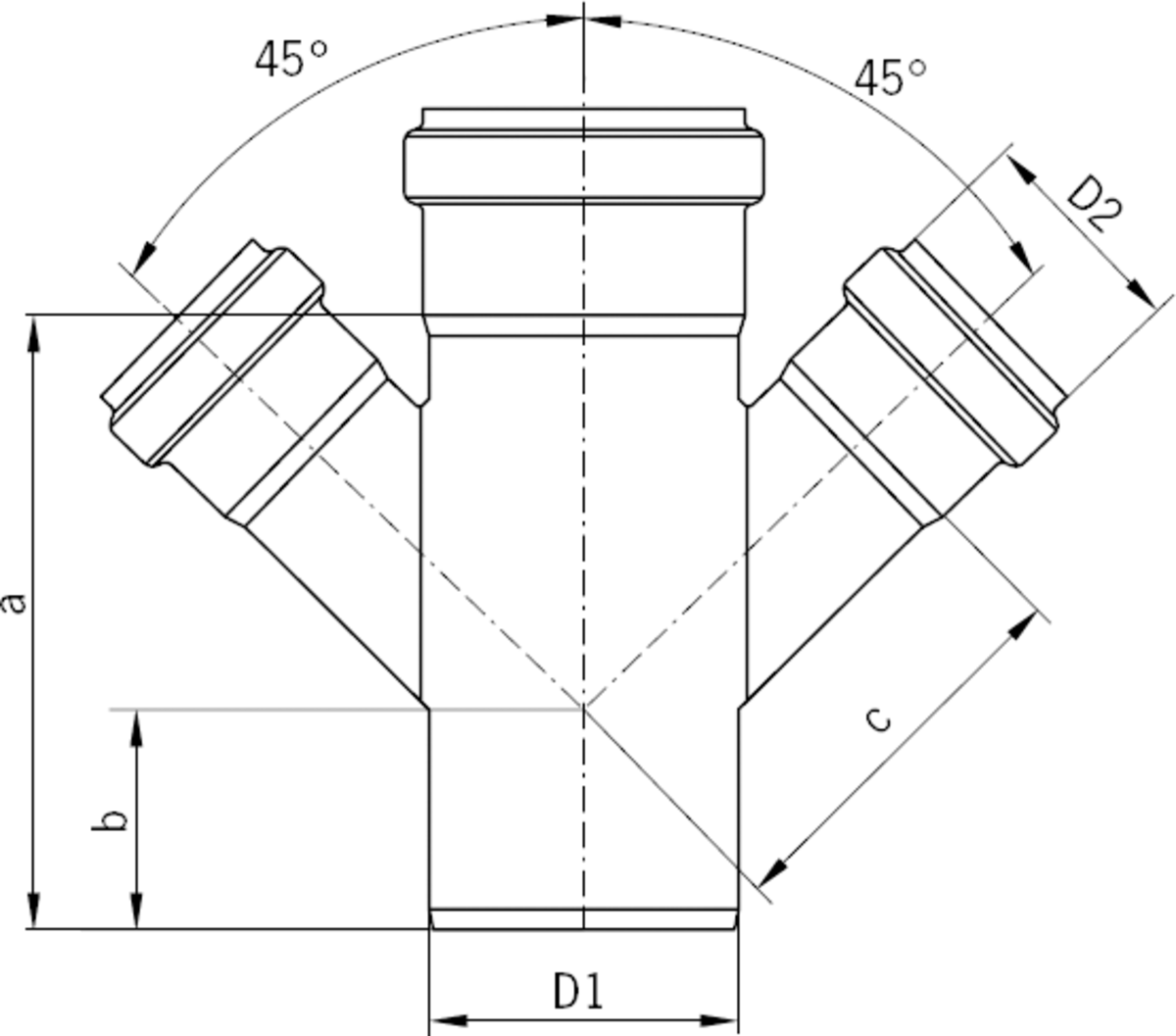 Esquema técnico general de la derivación de la tubería PIPE, derivación doble a 45º con reducción fabricado en acero inoxidable.