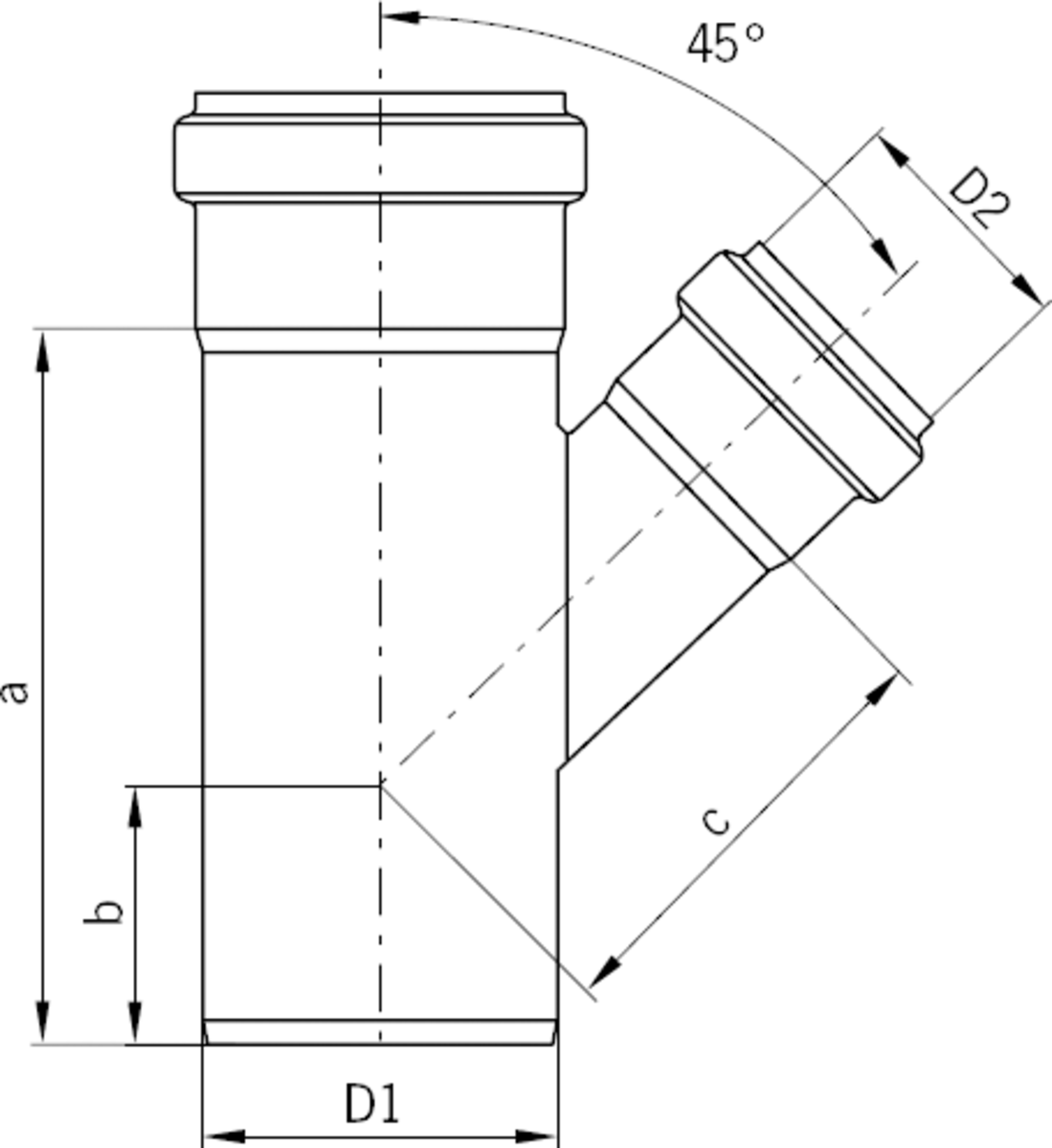 Esquema técnico general de la derivación de la tubería PIPE, derivación simple a 45º con reducción fabricado en acero inoxidable.