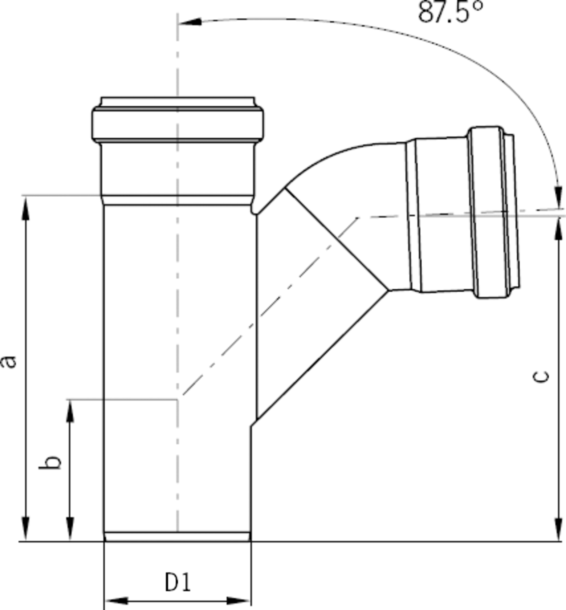 Esquema técnico general de la derivación de la tubería PIPE, derivación simple a 87º con codo fabricado en acero inoxidable.