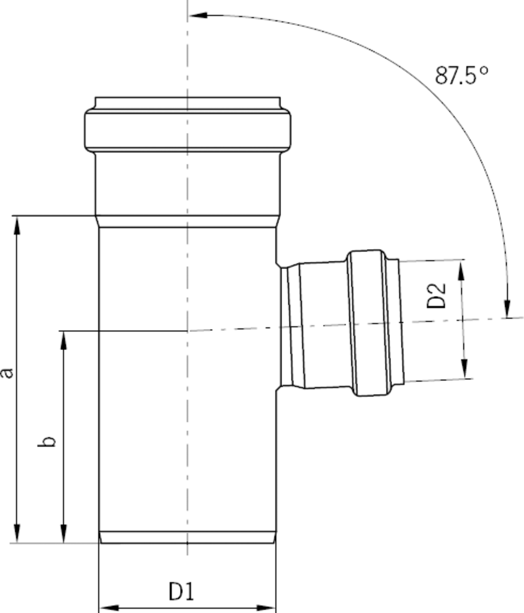 Esquema técnico general de la derivación de la tubería PIPE, derivación simple a 87º con reducción fabricado en acero inoxidable.