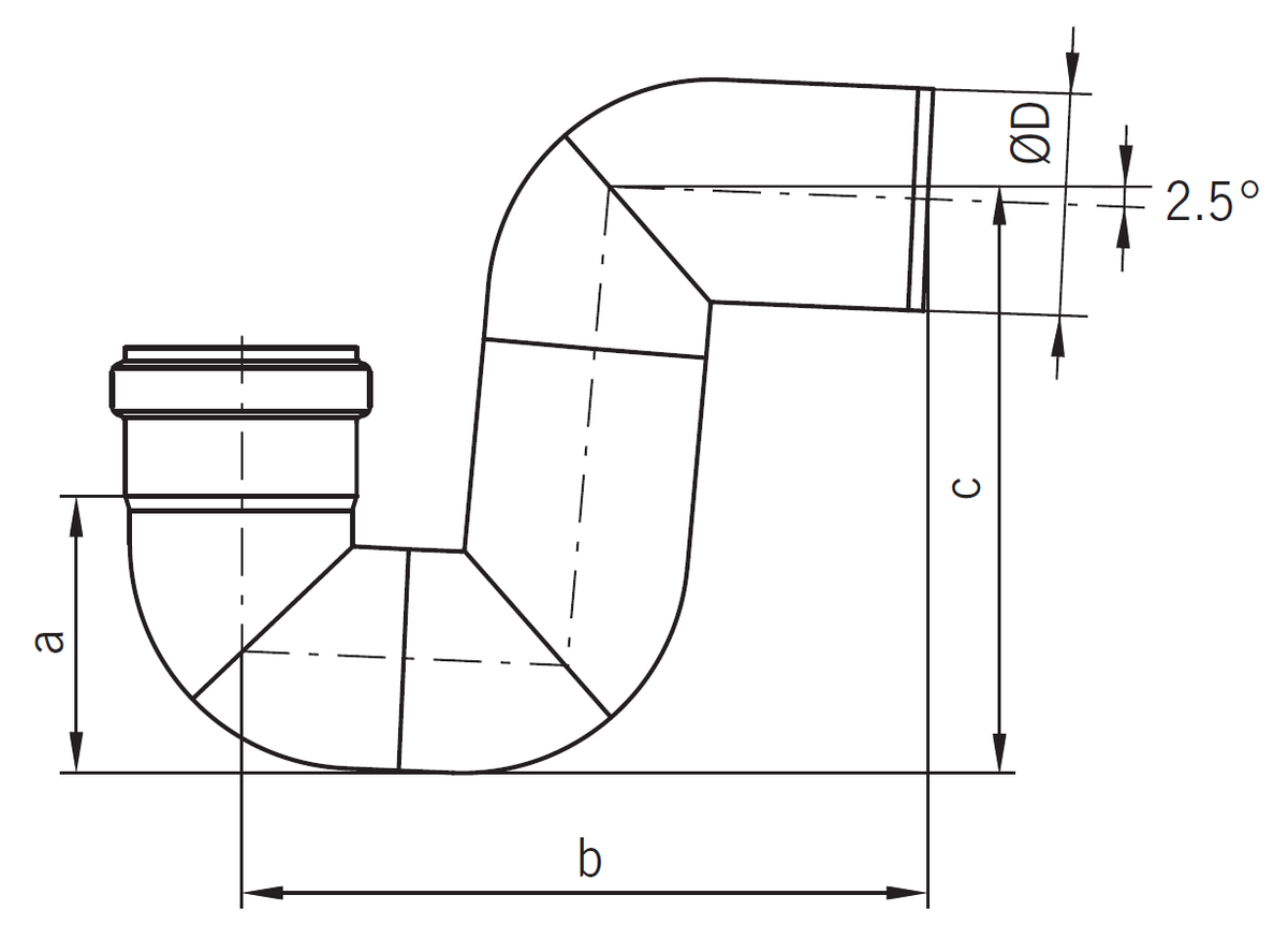 Esquema técnico general del sifón de la tubería PIPE, fabricado en acero inoxidable.