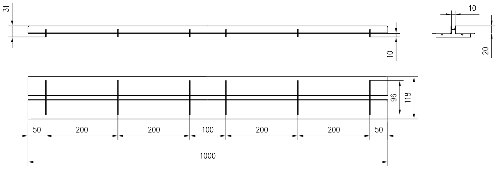 Esquema técnico de la reja para canal SELF 100, reja brickslot T H20 en acero galvanizado de dimensiones L1000 A118 H21 sin sistema de fijación, clase de carga A15.