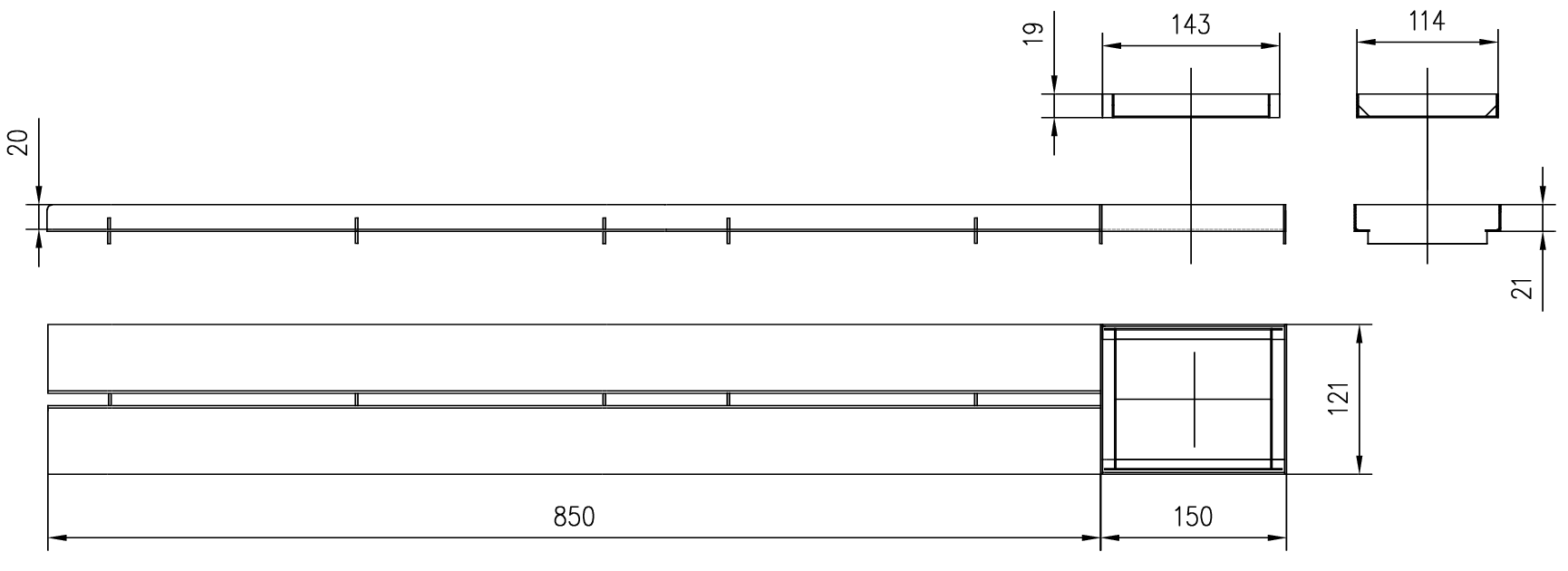 Esquema técnico de la reja registro para canal SELF 100, reja brickslot T H20 en acero galvanizado de dimensiones L1000 A118 H21 sin sistema de fijación, clase de carga A15.