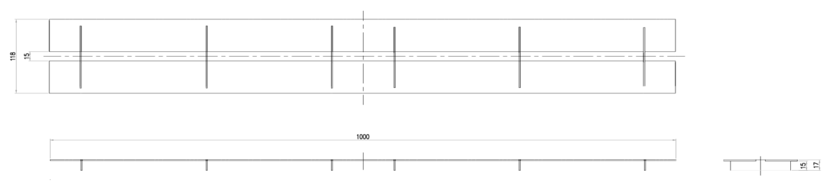 Esquema técnico de la reja para canal SELF 100, reja brickslot T H0 en acero galvanizado de dimensiones L1000 A118 H15 sin sistema de fijación, clase de carga A15.