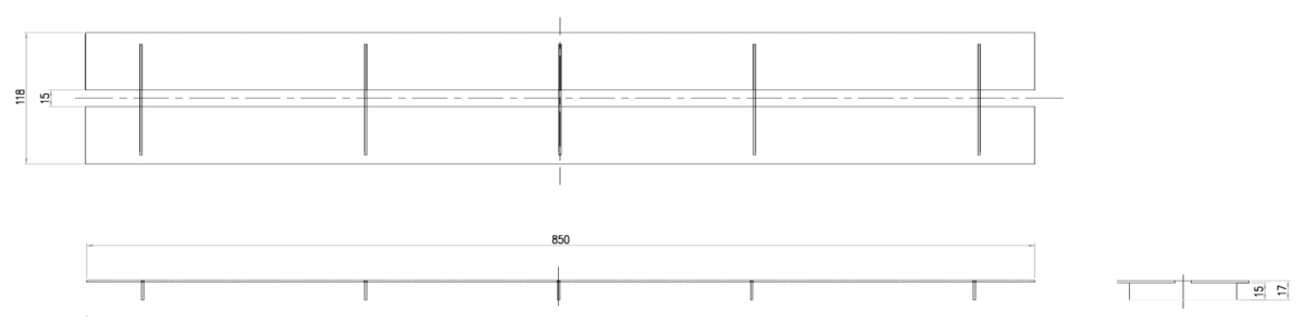 Esquema técnico de la reja para canal SELF 100, reja brickslot T H0 en acero galvanizado de dimensiones L850 A118 H15 sin sistema de fijación, clase de carga A15.
