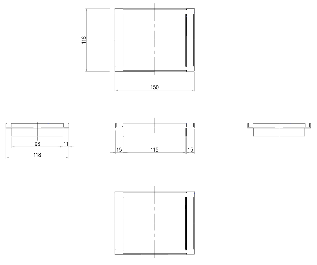 Esquema técnico de la reja de inspección para canal SELF 100, reja brickslot T H0 en acero galvanizado de dimensiones L150 A118 H15 sin sistema de fijación, clase de carga A15.